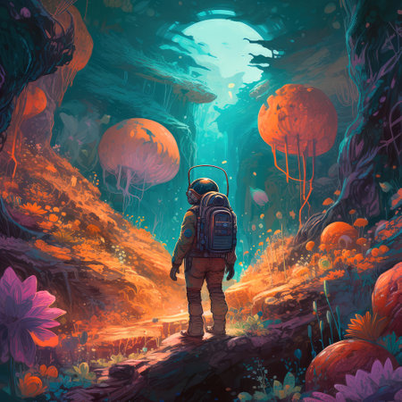 Concept illustration of an astronaut carefully goes to an unknown planet, where the primeval forest is filled with bright and colorful flora. He thoroughly explores every corner, not missing a single detail. Generative AIの素材