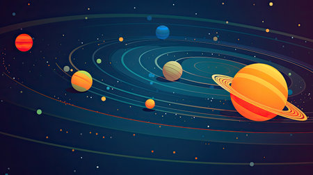 Concept illustration of abstract space background with planets and solar system from colored paper. Generative AIの素材