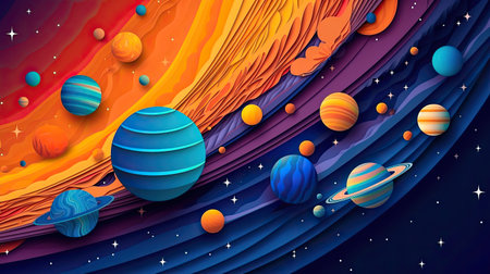 Concept illustration of abstract space background with planets and solar system from colored paper. Generative AIの素材