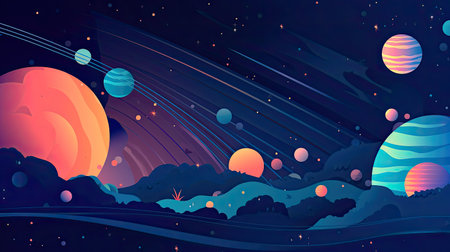 Concept illustration of abstract space background with planets and solar system from colored paper. Generative AIの素材