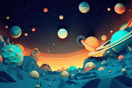 Concept illustration of abstract space background with planets and solar system from colored paper. Generative AIの素材