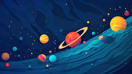 Concept illustration of abstract space background with planets and solar system from colored paper. Generative AIの素材