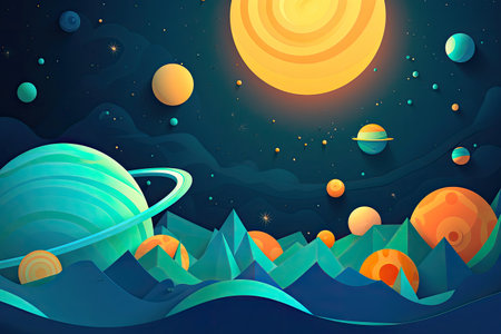 Concept illustration of abstract space background with planets and solar system from colored paper. Generative AIの素材