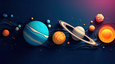 Concept illustration of abstract space background with planets and solar system from colored paper. Generative AIの素材