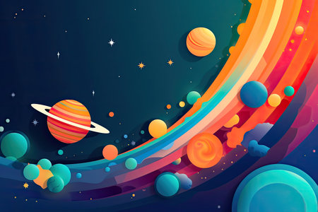 Concept illustration of abstract space background with planets and solar system from colored paper. Generative AIの素材