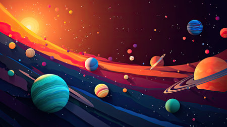 Concept illustration of abstract space background with planets and solar system from colored paper. Generative AIの素材