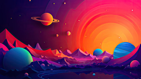 Concept illustration of abstract space background with planets and solar system from colored paper. Generative AIの素材