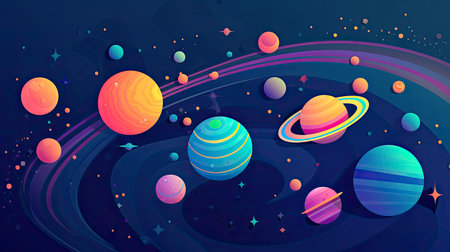 Concept illustration of abstract space background with planets and solar system from colored paper. Generative AIの素材
