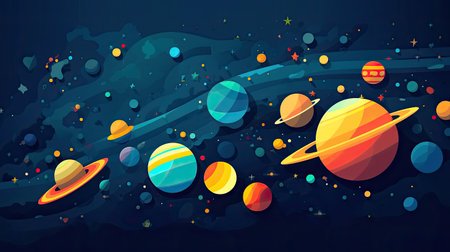 Concept illustration of abstract space background with planets and solar system from colored paper. Generative AIの素材