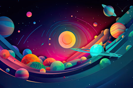 Concept illustration of abstract space background with planets and solar system from colored paper. Generative AIの素材