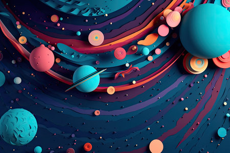 Concept illustration of abstract space background with planets and solar system from colored paper. Generative AIの素材