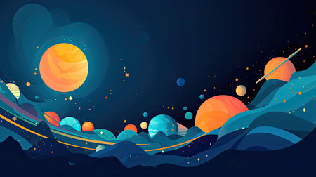 Concept illustration of abstract space background with planets and solar system from colored paper. Generative AIの素材