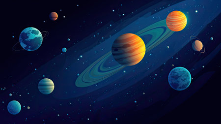 Concept illustration of abstract space background with planets and solar system from colored paper. Generative AIの素材