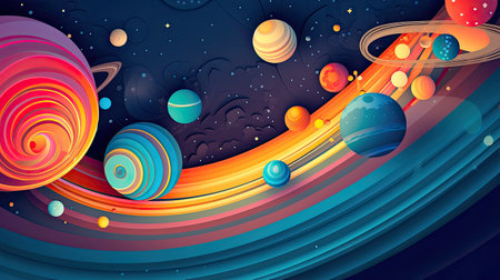 Concept illustration of abstract space background with planets and solar system from colored paper. Generative AIの素材