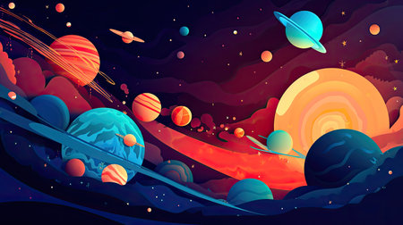 Concept illustration of abstract space background with planets and solar system from colored paper. Generative AIの素材