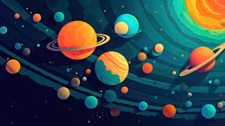 Concept illustration of abstract space background with planets and solar system from colored paper. Generative AIの素材