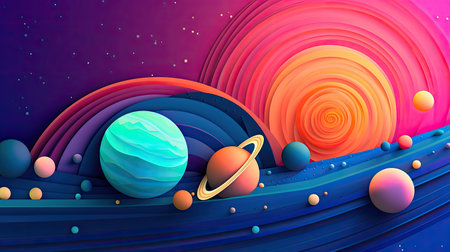 Concept illustration of abstract space background with planets and solar system from colored paper. Generative AIの素材