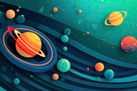 Concept illustration of abstract space background with planets and solar system from colored paper. Generative AIの素材