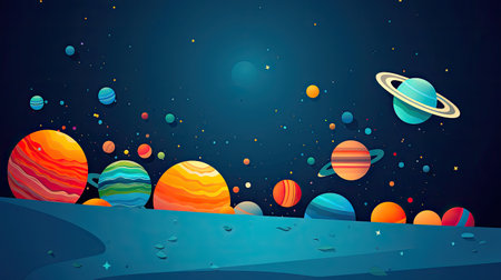 Concept illustration of abstract space background with planets and solar system from colored paper. Generative AIの素材