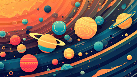 Concept illustration of abstract space background with planets and solar system from colored paper. Generative AIの素材