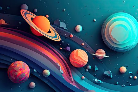 Concept illustration of abstract space background with planets and solar system from colored paper. Generative AIの素材