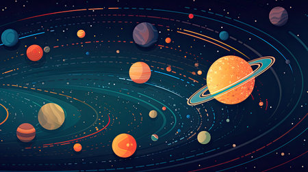 Concept illustration of abstract space background with planets and solar system from colored paper. Generative AIの素材