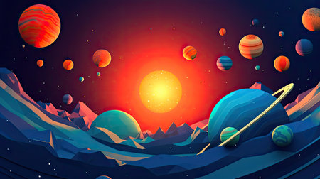 Concept illustration of abstract space background with planets and solar system from colored paper. Generative AIの素材