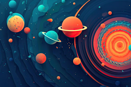 Concept illustration of abstract space background with planets and solar system from colored paper. Generative AIの素材