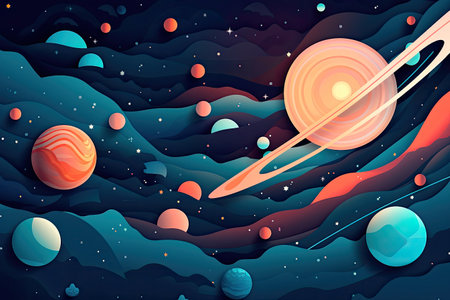 Concept illustration of abstract space background with planets and solar system from colored paper. Generative AIの素材