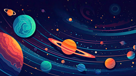 Concept illustration of abstract space background with planets and solar system from colored paper. Generative AIの素材