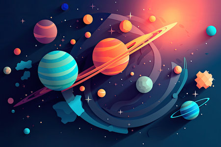 Concept illustration of abstract space background with planets and solar system from colored paper. Generative AIの素材