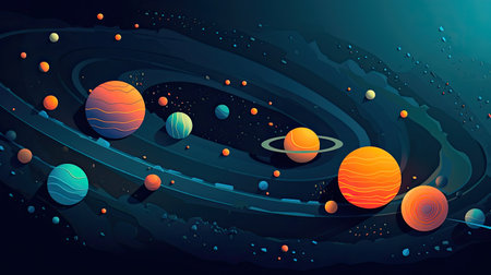 Concept illustration of abstract space background with planets and solar system from colored paper. Generative AIの素材