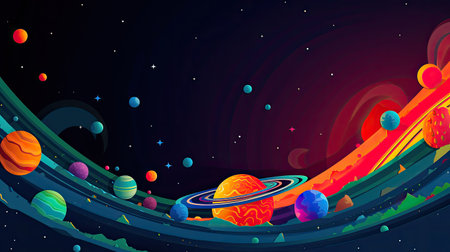Concept illustration of abstract space background with planets and solar system from colored paper. Generative AIの素材