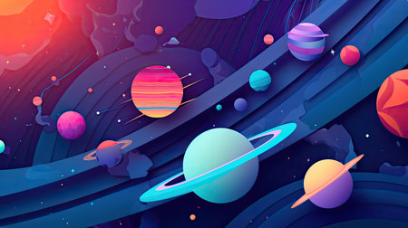 Concept illustration of abstract space background with planets and solar system from colored paper. Generative AIの素材