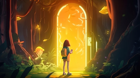 Concept illustration of a young girl stands in front of a magical gate emitting a bright yellow light, the gate is surrounded by a forest with tall trees and lush vegetation. Generative AIの素材