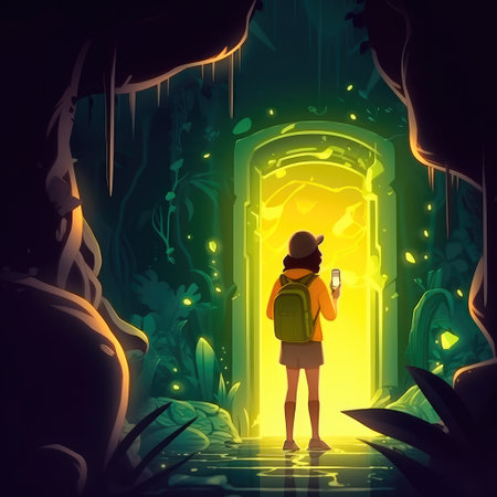 Concept illustration of a young girl stands in front of a magical gate emitting a bright yellow light, the gate is surrounded by a forest with tall trees and lush vegetation. Generative AIの素材