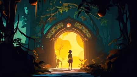 Concept illustration of a young girl stands in front of a magical gate emitting a bright yellow light, the gate is surrounded by a forest with tall trees and lush vegetation. Generative AIの素材