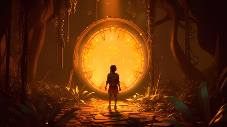 Concept illustration of a young girl stands in front of a magical gate emitting a bright yellow light, the gate is surrounded by a forest with tall trees and lush vegetation. Generative AIの素材