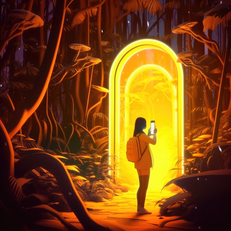Concept illustration of a young girl stands in front of a magical gate emitting a bright yellow light, the gate is surrounded by a forest with tall trees and lush vegetation. Generative AIの素材