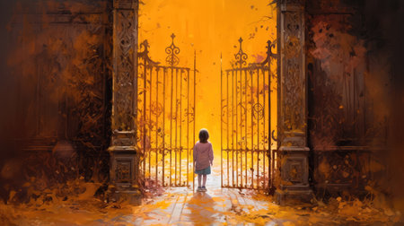 Concept illustration of a young girl stands in front of a magical gate emitting a bright yellow light, the gate is surrounded by a forest with tall trees and lush vegetation. Generative AIの素材