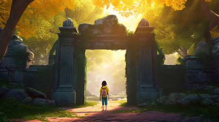 Concept illustration of a young girl stands in front of a magical gate emitting a bright yellow light, the gate is surrounded by a forest with tall trees and lush vegetation. Generative AIの素材