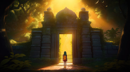 Concept illustration of a young girl stands in front of a magical gate emitting a bright yellow light, the gate is surrounded by a forest with tall trees and lush vegetation. Generative AIの素材