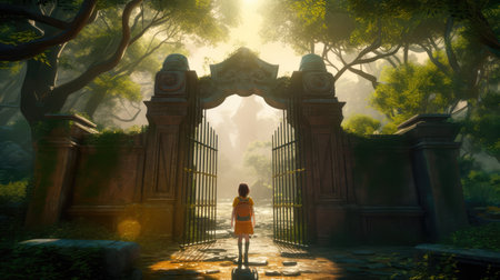 Concept illustration of a young girl stands in front of a magical gate emitting a bright yellow light, the gate is surrounded by a forest with tall trees and lush vegetation. Generative AIの素材