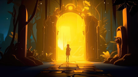 Concept illustration of a young girl stands in front of a magical gate emitting a bright yellow light, the gate is surrounded by a forest with tall trees and lush vegetation. Generative AIの素材