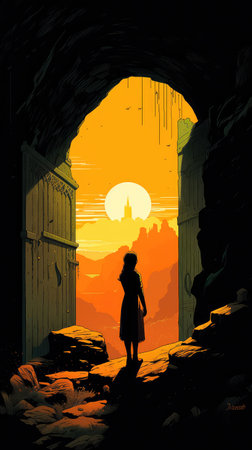 Concept illustration of a young girl stands in front of a magical gate emitting a bright yellow light, the gate is surrounded by a forest with tall trees and lush vegetation. Generative AIの素材