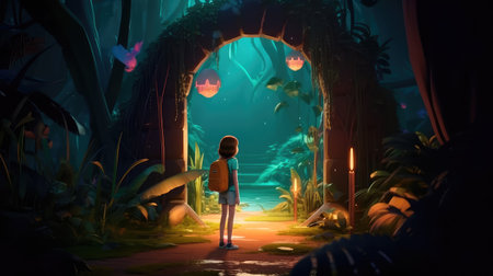 Concept illustration of a young girl stands in front of a magical gate emitting a bright yellow light, the gate is surrounded by a forest with tall trees and lush vegetation. Generative AIの素材