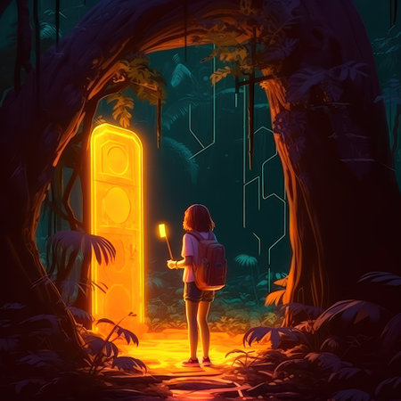 Concept illustration of a young girl stands in front of a magical gate emitting a bright yellow light, the gate is surrounded by a forest with tall trees and lush vegetation. Generative AIの素材
