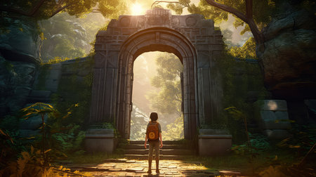 Concept illustration of a young girl stands in front of a magical gate emitting a bright yellow light, the gate is surrounded by a forest with tall trees and lush vegetation. Generative AIの素材