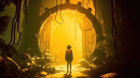 Concept illustration of a young girl stands in front of a magical gate emitting a bright yellow light, the gate is surrounded by a forest with tall trees and lush vegetation. Generative AIの素材
