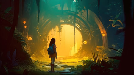 Concept illustration of a young girl stands in front of a magical gate emitting a bright yellow light, the gate is surrounded by a forest with tall trees and lush vegetation. Generative AIの素材